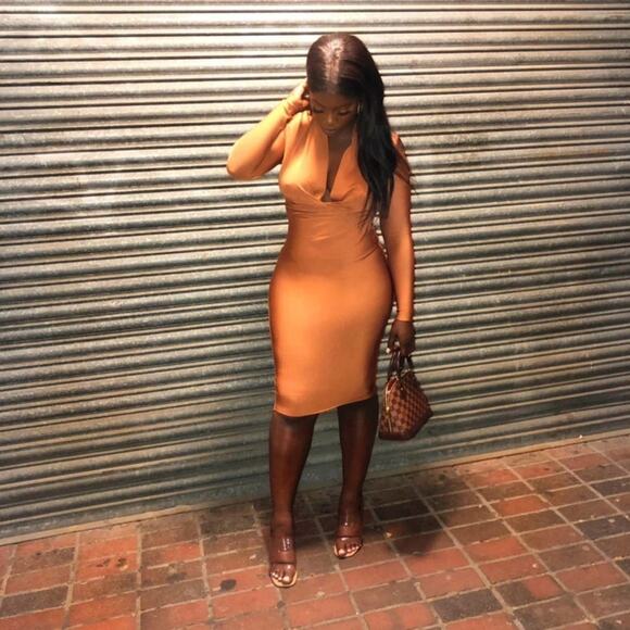HOUSE OF CB Tan Brown Francesca Bandage Draped Cowl Stretch Midi Bodycon Dress - Picture 10 of 14